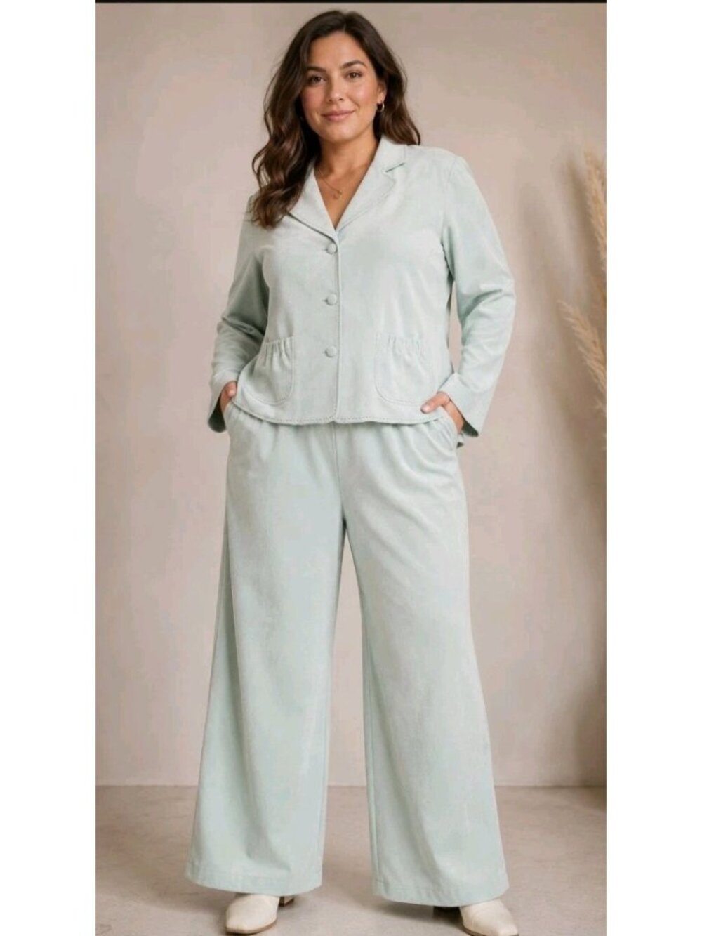 Vtg Maggie Sweet 2 Pc Velour Pant Suit Patch Pockets Embroidered 1X Sea Glass